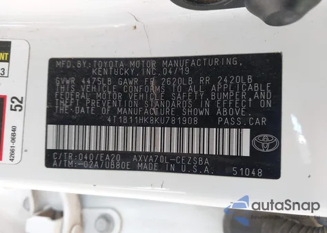 2019 Toyota Camry Se from USA, damaged, VIN 4T1B11HK8KU781908
